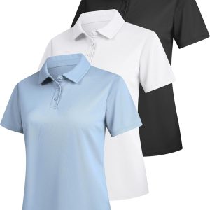 3 Pack Women's Polo Shirts Short Sleeve 3 Buttons Collared Golf T Shirts Quick Dry Work Uniform & Casual Top