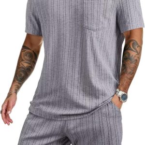 Men Track Suits 2 Piece Set Casual Crewneck Texture T Shirt and Shorts Set Sweatsuit Summer Outfits with Pockets