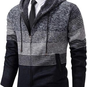 Mens Hoodies Knit Sweater, Full Zip Fleece Lined Cardigan Sweaters Casual Regular Fit Knit Hooded Men Sweater Jacket