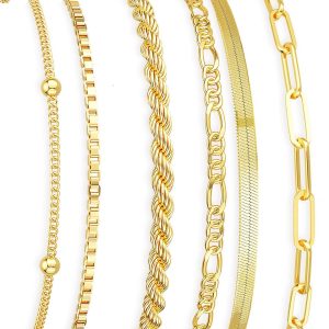 Gold Bracelets for Women Waterproof, 14K Gold Plated Jewelry Sets Trendy Thin Dainty Stackable Cuban Link Paperclip Chain Bracelet Pack Fashion Accessories Gifts for Womens