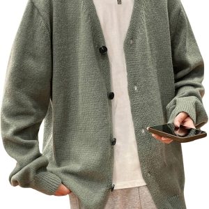 Men Oversized Cardigan Casual Button Down Long Sleeve V Neck Sweater
