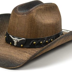 Cowboy Hat for Women and Men - Straw Cattleman Crease Western Hats with Upgrade 4 inches Shapeable Wide Brim