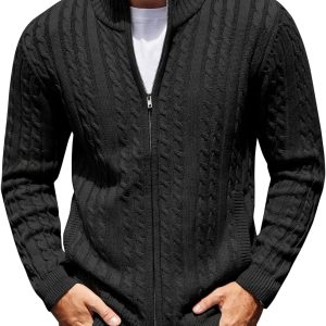 Men Full Zip Cardigan Sweater Slim Fit Cable Knitted Zip Up Sweater with Pockets