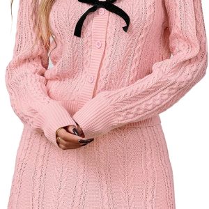 Womens Valentines 2 Piece Set Cable Knit Bow Mini Dress Outfits 2025