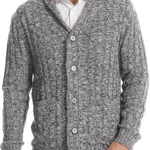 Men Cardigan Sweater Cable Knitted Shawl Collar Cardigans for Men V Neck Long-Sleeve Button-Down Slim Fit Sweater