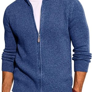 Mens Full Zip Cardigan Sweater Casual Slim Fit Knit Sweaters Stand Collar Fall Winter Ribbed Cardigan