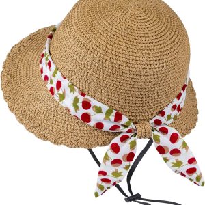 Girls Straw Sun Hat with Chin Strap and Two Cute Brooches Summer Beach UV Protection