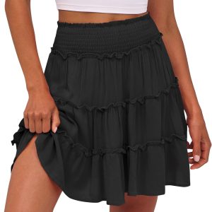 Womens Summer Flowy Mini Skorts Skirts High Waist Ruffle Tiered Casual Cute Boho Beach Short Skirts Built-in Shorts