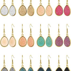 12 Pairs Faux Druzy Drop Earrings Crystal Pendant Dangle Multicolor Stainless Steel Earring for Women Christmas Party