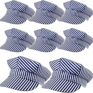8 Pack Kids Train Engineer Hats Conductor Party Hat Blue White Stripe Railroad Hat for Child Halloween Cosplay Party Dress Up Costume Accessories